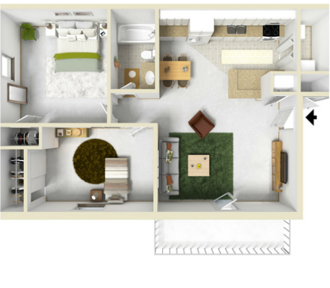Floor plan for 2 beds, 1 bath, 980 sqft